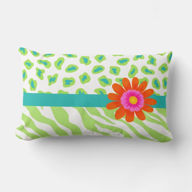 Green, White & Teal Zebra & Cheetah Orange Flower Lumbar Cushion (Front)
