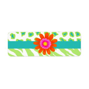 Green, White & Teal Zebra & Cheetah Orange Flower Return Address Label