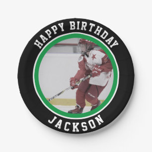 Green White Team Colour   Ice Hockey Birthday Part Paper Plate