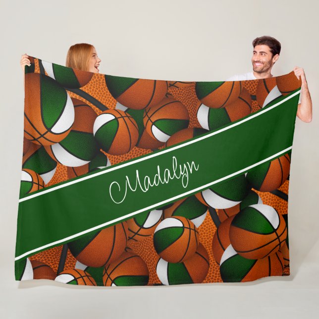 green white team colours girls basketball fleece blanket (In Situ)