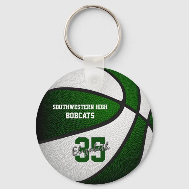 green white team colours girls boys basketball key ring (Front)