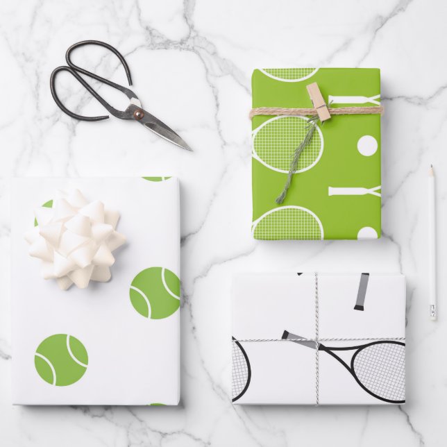 Green & White Tennis Theme Rackets Balls Pattern Wrapping Paper Sheet (Front)