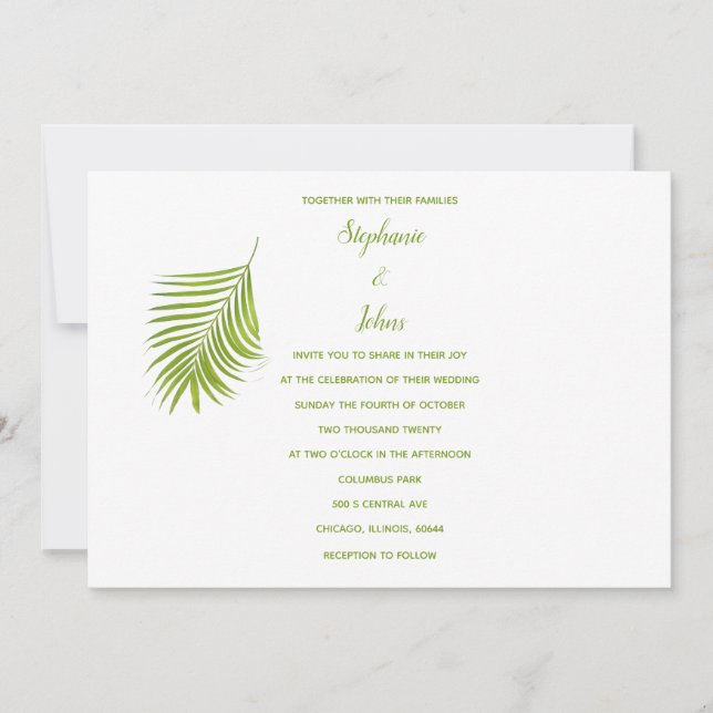 Green White Tropical Palm Leaf Classic Wedding Invitation (Front)