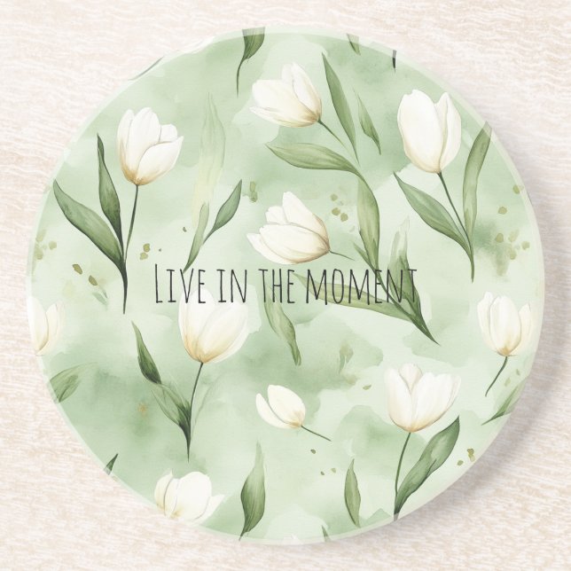 Green White Tulip Flowers Coaster (Front)