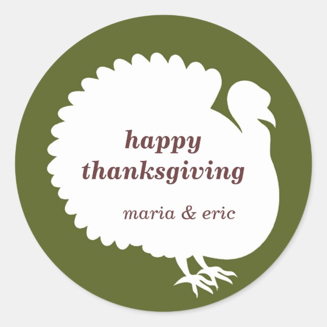 Green white turkey happy thanksgiving custom favou classic round sticker (Front)