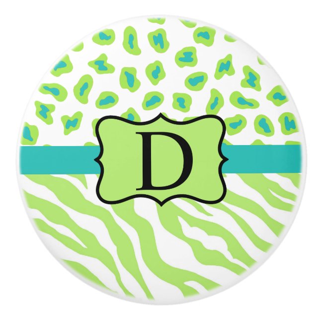 Green White Turquoise Leopard Zebra Skin Monogram Ceramic Knob (Front)