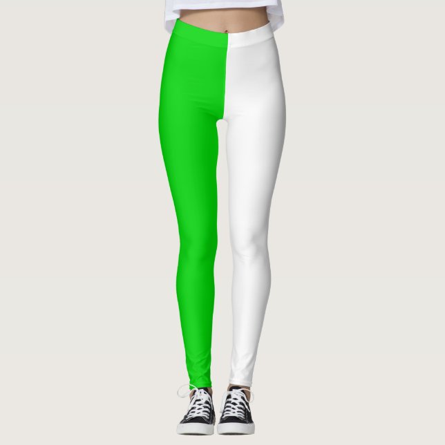 Green White Two Tone Split Half Design Leggings (Front)