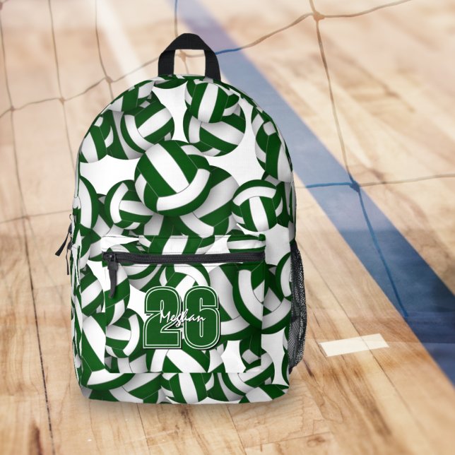 Green white volleyball team colours w player name  printed backpack (Backpack for volleyball player with green & white volleyballs pattern & custom jersey number)