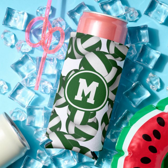 Green white volleyballs pattern w player monogram seltzer can cooler (In Situ Summer)