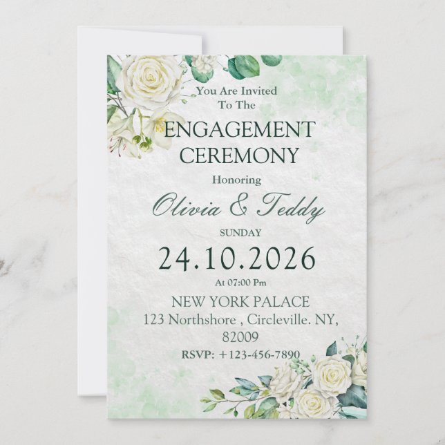 Green & White Watercolor Floral Engagement  Invitation (Front)