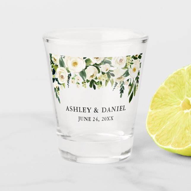 Green White Watercolor Floral Wedding Shot Glass (Front)