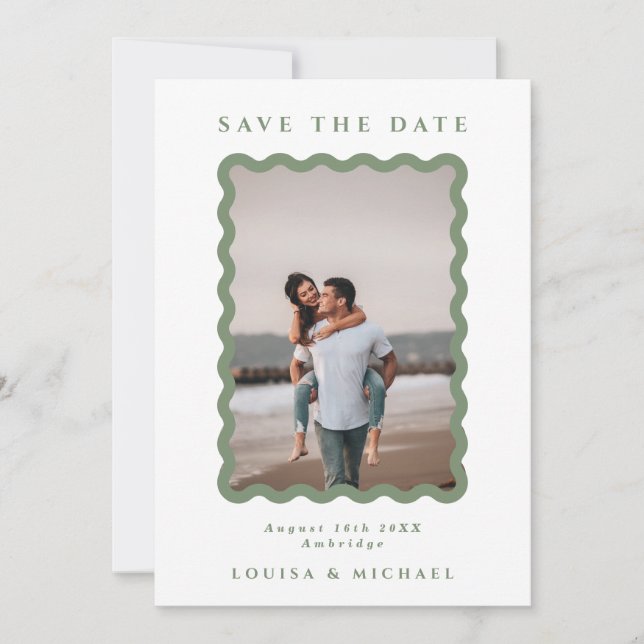 Green & White Wavy Frame Photo QR Code Wedding Save The Date (Front)