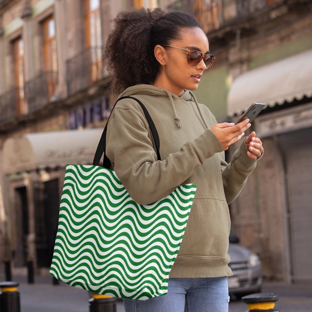 Green & White Wavy Stripes Psychedelic Hypnotic Tote Bag (Green & White Wavy Stripes Psychedelic Hypnotic Tote Bag, shopping bag, fashion bag, large tote bag)