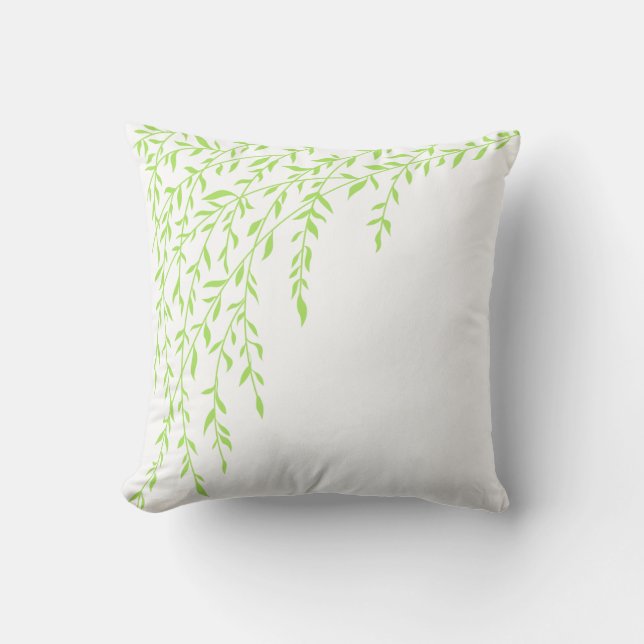 Green & White Weeping Willow Tree Branches Leaves Cushion (Front)
