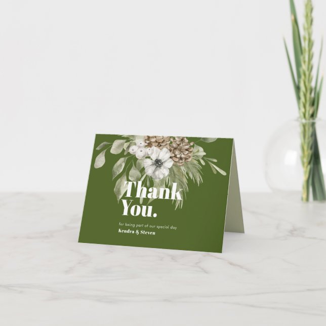 Green & White Winter Forest Bouquet Modern  Thank You Card (Front)