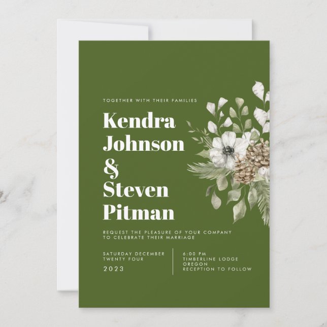 Green & White Winter Forest Bouquet Modern Wedding Invitation (Front)
