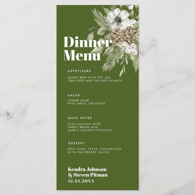 Green & White Winter Forest Bouquet Modern Wedding Menu (Front)
