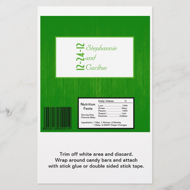 Green/White Wood Grain Wedding Candy Wrapper (Front)