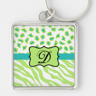 Green White Zebra Leopard Skin Monogram Initial Key Ring