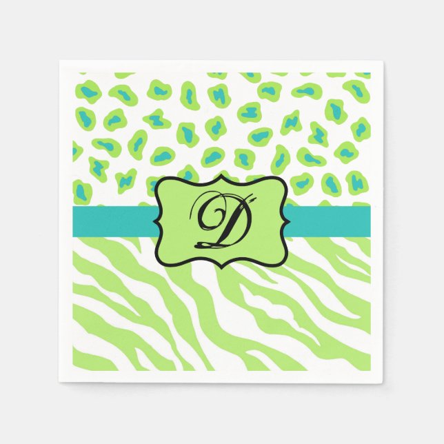 Green White Zebra Leopard Skin Monogram Initial Napkin (Front)