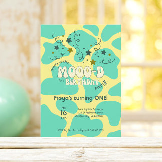 Green Who's in the MOOO-D Cow Print 1st Birthday Invitation