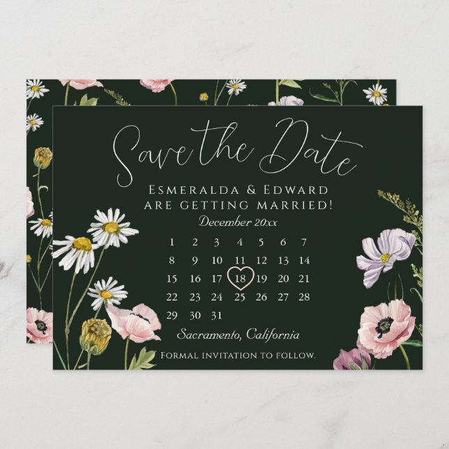 Green Wild Flower Wedding Calendar Save The Date  (Front/Back)