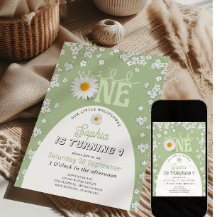Green Wild One Daisy 1st Birthday Invitation