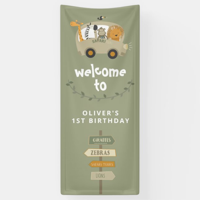 Green Wild One Safari Animals First Birthday Banner (Vertical)