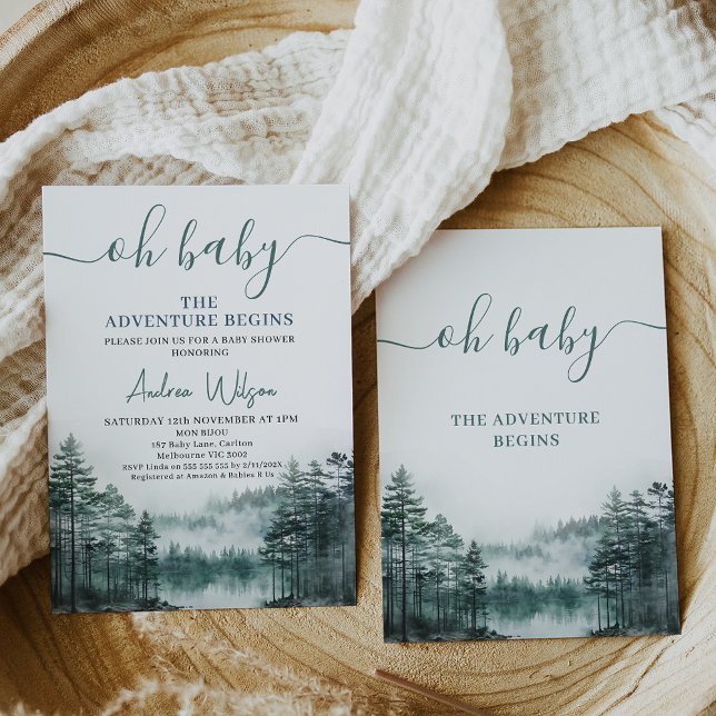 Green Wilderness Let Adventure Begin Baby Shower  Invitation (Green gender neutral wilderness baby shower invitation, The adventure begins baby shower invitation)