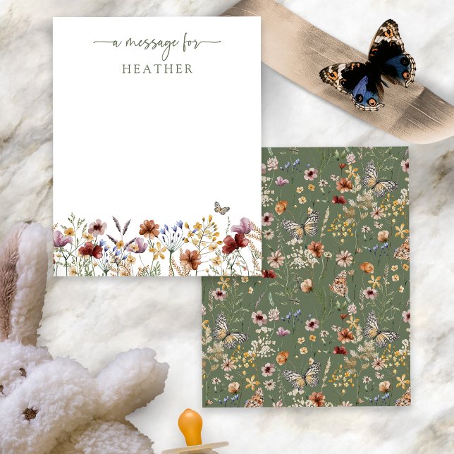 Green Wildflower Message Card (Sage Green Boho Wildflower Message Card with Butterfly by Painted Paperie
)