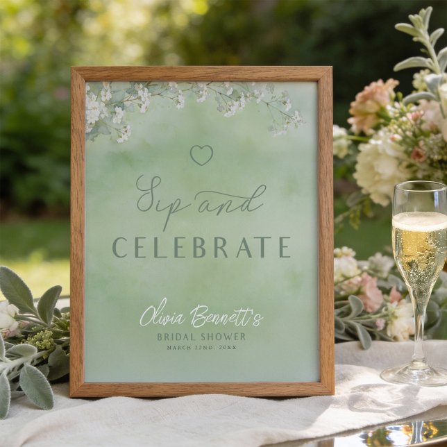 Green Wildflower Sip and Celebrate Sign (Sip and Celebrate Bridal Shower Sign)