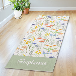 Green Wildflower Watercolor Custom Name Yoga Mat