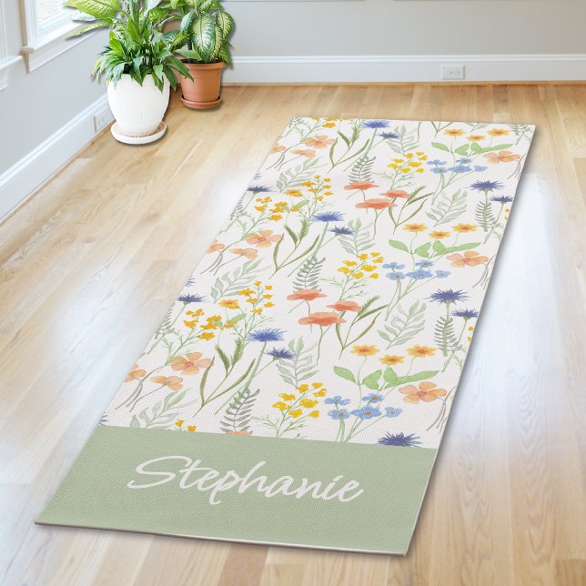 Green Wildflower Watercolor Custom Name Yoga Mat (Creator Uploaded)