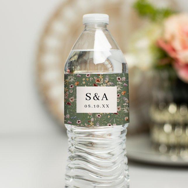 Green Wildflower Wedding Water Bottle Label (Sage Green Wildflower Wedding Water Bottle Label by Painted Paperie
)