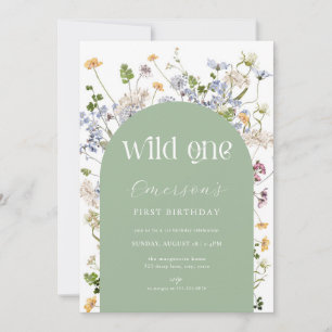 Green Wildflower Wild One 1st Birthday Invitation