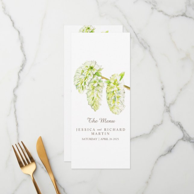 Green willow catkins watercolor wedding menu (Front/Back In Situ)