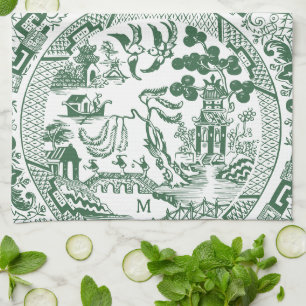 Green Willow China Pattern Vintage Custom Monogram Tea Towel