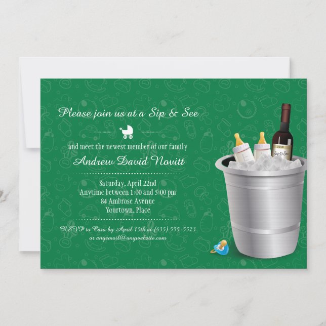 Green Wine Baby Bottles Sip and See Baby Shower Invitation (Front)