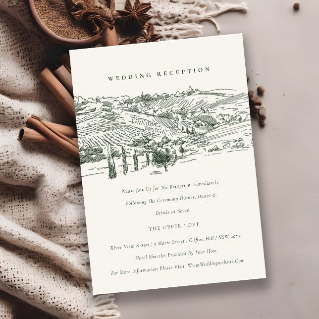 Green Winery Mountain Sketch Wedding Reception Enclosure Card (Creator Uploaded)