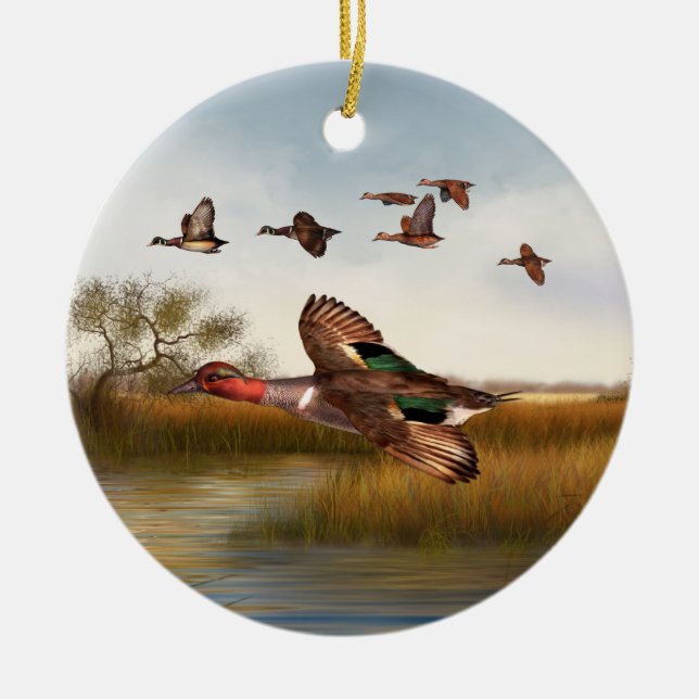 Green Wing Duck Ceramic Ornament (Front)