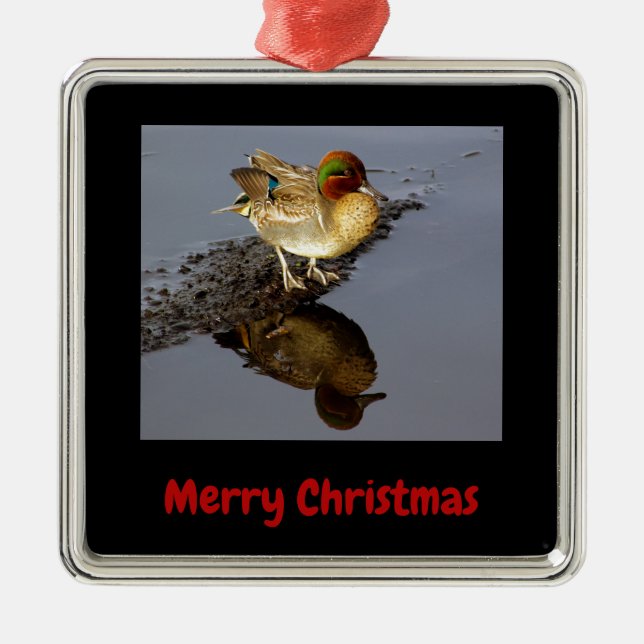 Green Wing Teal Duck Black Merry Christmas Framed Metal Ornament (Front)