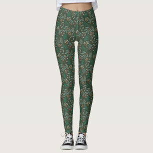 Green Winter Botanical Pattern Leggings
