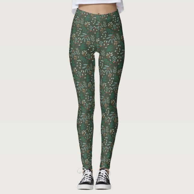 Green Winter Botanical Pattern Leggings (Front)