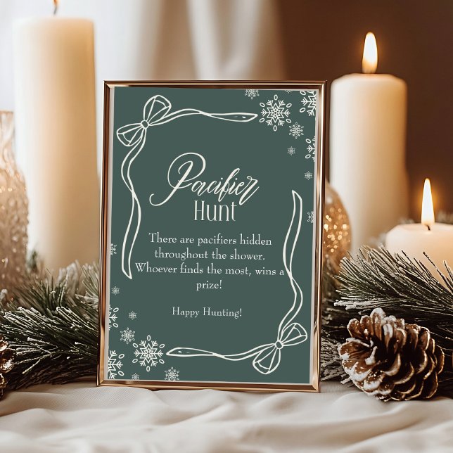 Green Winter Coquette Pacifier Hunt Baby Shower  Invitation (Green Winter Coquette Pacifier Hunt Baby Shower sign)