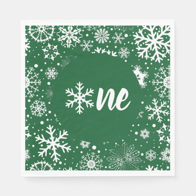 Green Winter First Birthday Snowflake One Napkins (Front)