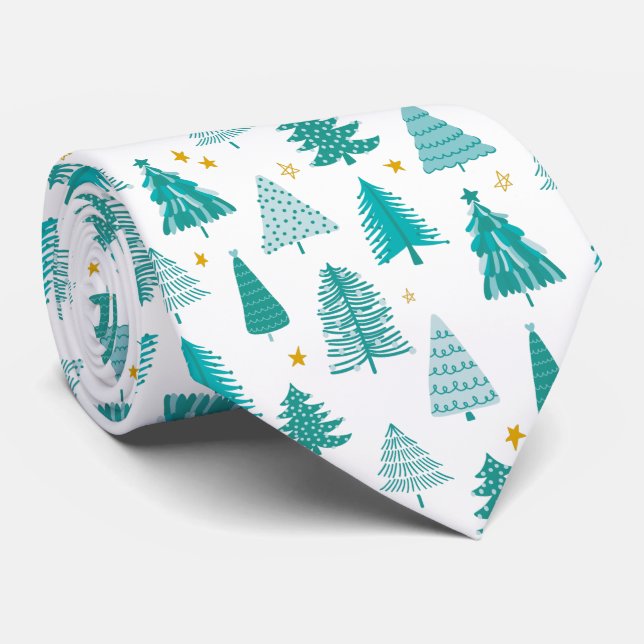 Green Winter Forest Christmas Tree Tie (Rolled)