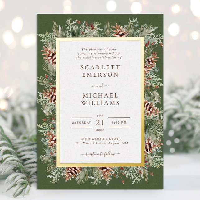 Green Winter Gold Foil Wedding Invitations (Hunter Green Watercolor Pinecone Evergreen Gold Foil Wedding Invitations by Painted Paperie
)