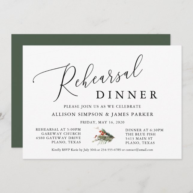 Green Winter Holiday Rehearsal Dinner Invitation (Front/Back)