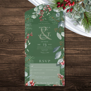 Green Winter Pine Berries Eucalyptus No Dinner All In One Invitation