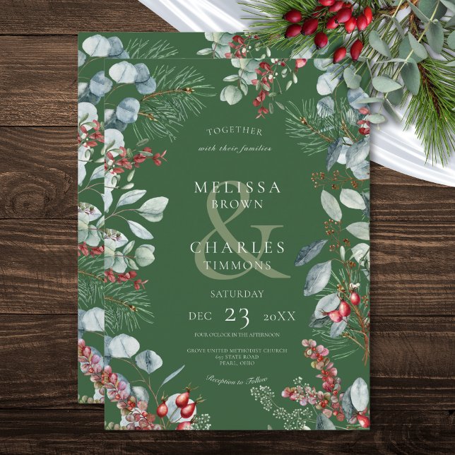 Green Winter Pine Berries Eucalyptus Wedding Invitation (Green Winter Pine Berries Eucalyptus Wedding Invitation)